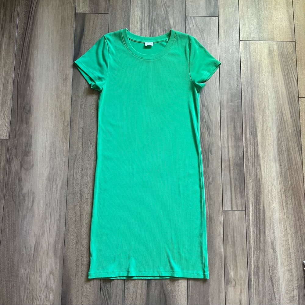 Wilfred Free Aritzia Green Ribbed Mini Baby Tee Dress Size Large Bodycon